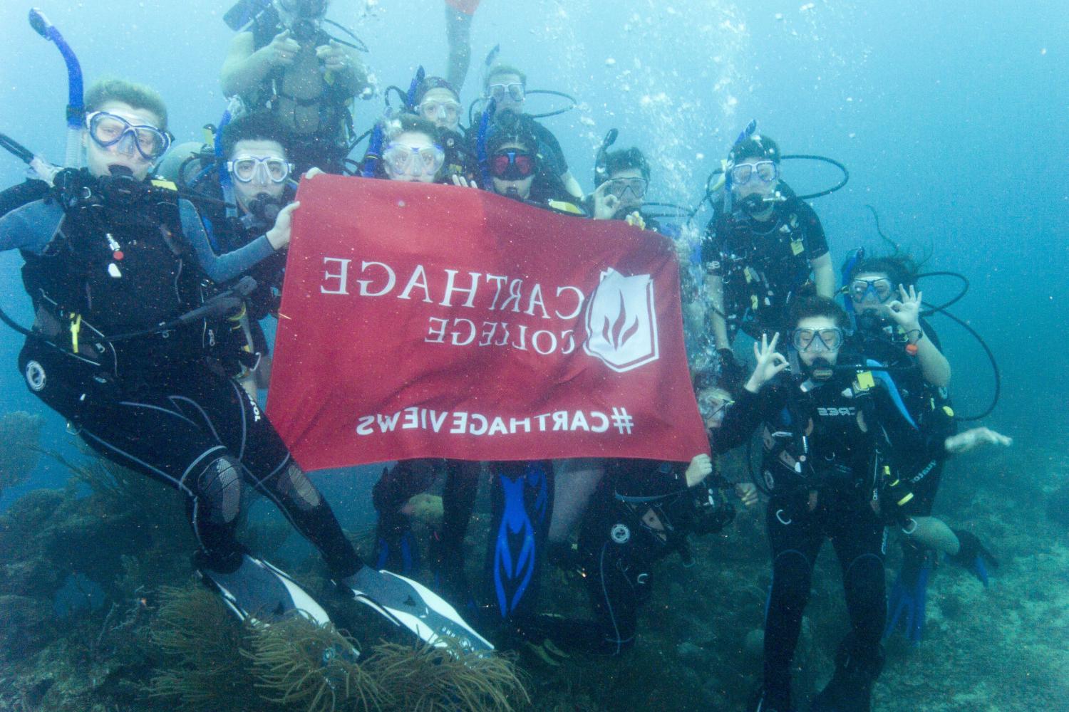 学生们手持<a href='http://ewaj.ngskmc-eis.net'>bv伟德ios下载</a>旗帜，在j学期洪都拉斯游学之旅中潜水.